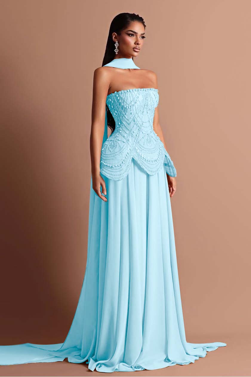 Strapless Sleeveless Long Prom Dress With Beading Pleated Wrap WQ0084