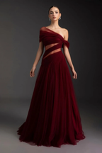 Cocoslly Off-The-Shoulder Long A-Line Prom Dress With Pleated | Burgundy Tulle ZA0173