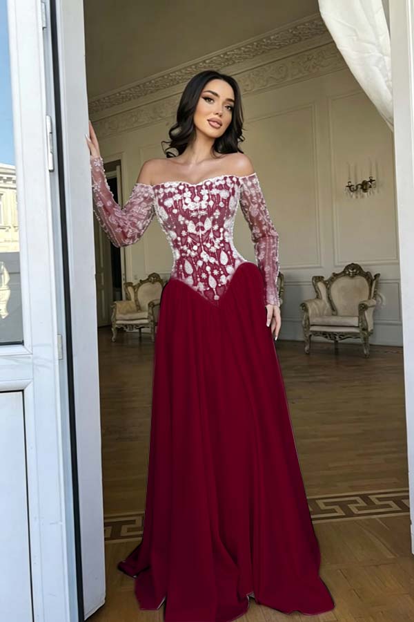 Cocoslly Strapless Long Sleeves High Waist Long Prom Dress With Rhinstone | Red Satin WQ0722