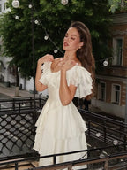 Cocoslly Off-The-Shoulder Sleeveless High Waist Long Prom Dress With Ruffles | White Chiffon LX0115