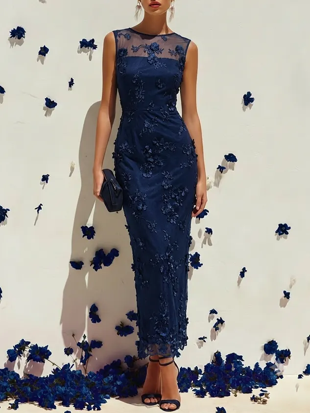 Pink Lace Embroidery Applique Crew Neck Sleeveless Sheath Maxi Dress