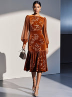 Caramel Brown Mesh Jacquard Velvet Crew Neck Long Sleeve Balloon Sleeve Mermaid Midi Dress