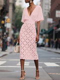 Pink Rayon Hollow Out Classic V Neck Short Sleeve Sheath Midi Dress