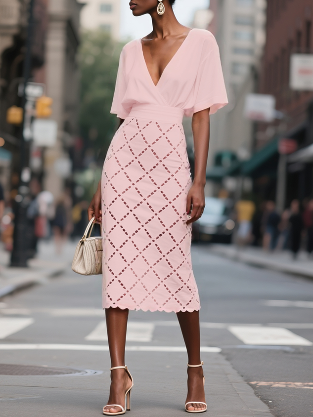 White Rayon Hollow Out Plaid Classic V Neck Short Sleeve Sheath Midi Dress