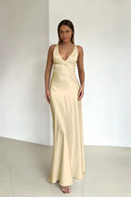 Cocoslly Halter V-Neck Sleeveless High Waist Long Prom Dress | Royal Blue Satin ZT0693