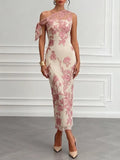 Pink Embroidery Bow Lace One Shoulder Sleeveless Sheath Maxi Dress