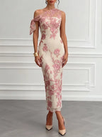 Pink Embroidery Bow Lace One Shoulder Sleeveless Sheath Maxi Dress