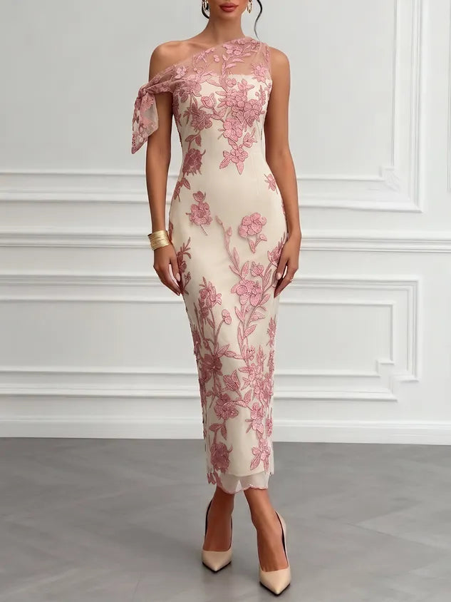 Pink Embroidery Bow Lace One Shoulder Sleeveless Sheath Maxi Dress