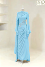 Cocoslly Long Sleeves High Waist Long Prom Dress With Pleated And Beading Pearls | Cabemet Chiffon ZA0710