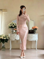 Cocoslly Long Sleeves High Waist Long Mermaid Prom Dress | White Lace And Satin JZ0165
