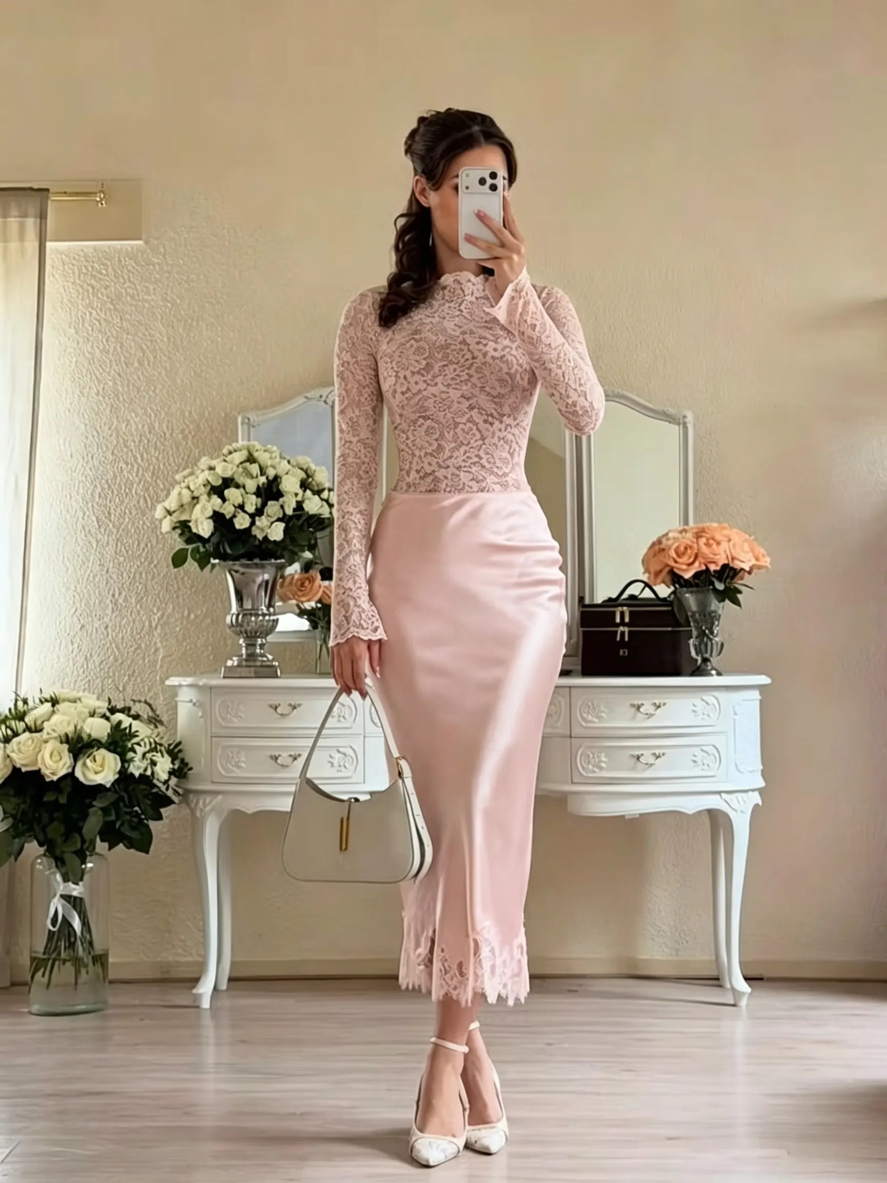 Cocoslly Long Sleeves High Waist Long Mermaid Prom Dress | White Lace And Satin JZ0165