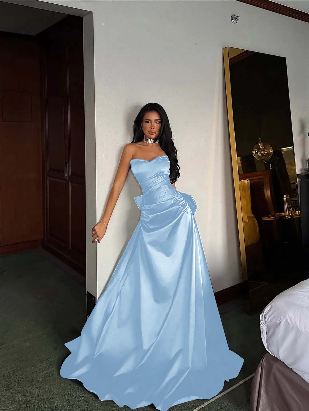 Black Satin Sweetheart Strapless Sleeveless Long A-Line Prom Dress With Pleated YK0695