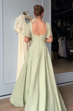 Cocoslly Short Sleeves High Waist Long A Line Prom Dress | Sage Chiffon CO0217