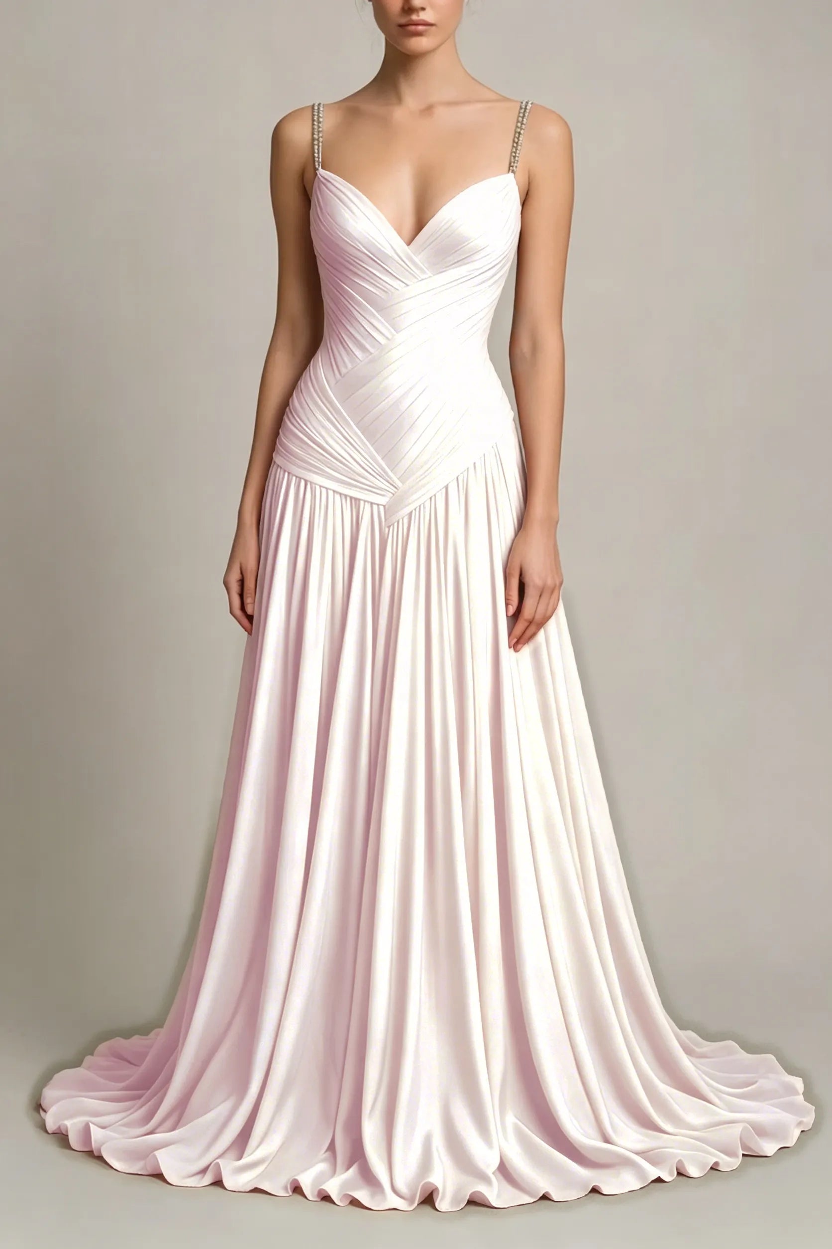 Cocoslly Spaghetti Straps Sleeveless High Waist Long Prom Dress With Pleated | Dusty Blue Chiffon LR0340