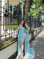 Strapless Sleeveless Long Mermaid Prom Dress With Split Pleated YK0291