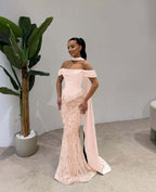 Cocoslly Off-The-Shoulder Long Pleated Mermaid Prom Dress With Beaded-Embroidered And Scarf | Dusty Sage Satin And Tulle ZA0306