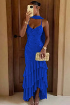 Cocoslly Spaghetti Straps Sleeveless High Waist Long Prom Dress With Ruffles And Sequins | Sage Chiffon LR0491