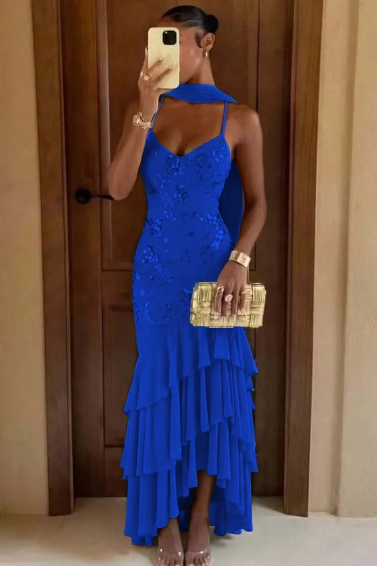 Cocoslly Spaghetti Straps Sleeveless High Waist Long Prom Dress With Ruffles And Sequins | Sage Chiffon LR0491