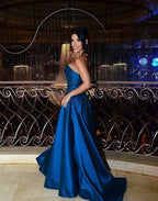 Cocoslly Strapless Sleeveless High Waist Long Prom Dress With Sequins | Royal Blue Satin LR0331