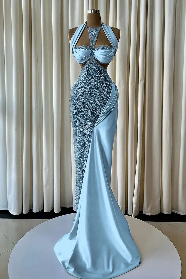 Cocoslly Halter Sleeveless High Waist Long Mermaid Prom Dress With Beading Pearls | Blush Champagne Satin JZ0163