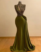 Cocoslly High Neck Sleeveless High Waist Long Mermaid Prom Dress With Sequins | Green Satin ZC0388