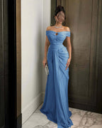 Chiffon Off-The-Shoulder Strapless Sleeveless Long Mermaid Prom Dress With Ruffles And Pleated YK0784