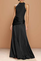 Cocoslly High-Neck Sleeveless Long Pleated Mermaid Prom Dress With Embroidery | Sage Green Satin ZA0147