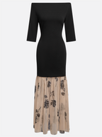 Black Floral Rose Knit Off The Shoulder Half Sleeve Mermaid Maxi Dress
