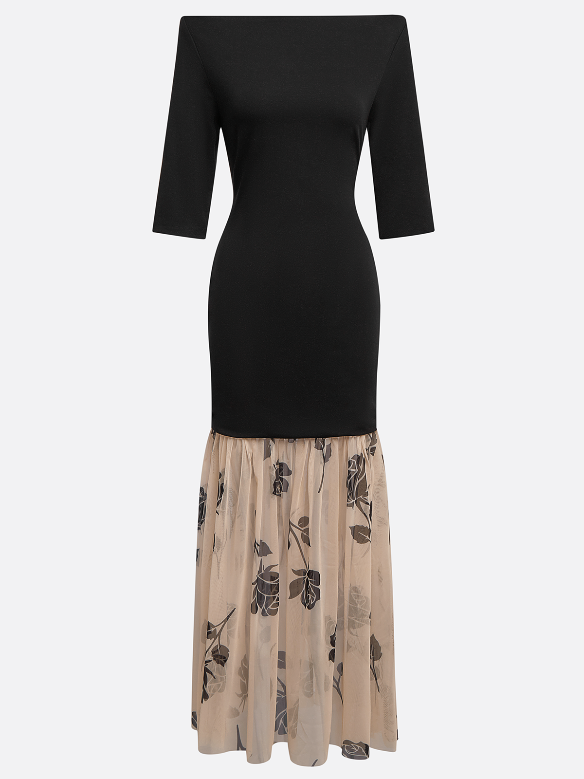 Black Floral Rose Knit Off The Shoulder Half Sleeve Mermaid Maxi Dress