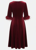 Wine Red Feather-trimmed Velvet Crew Neck Half Sleeve A-Line Midi Dress