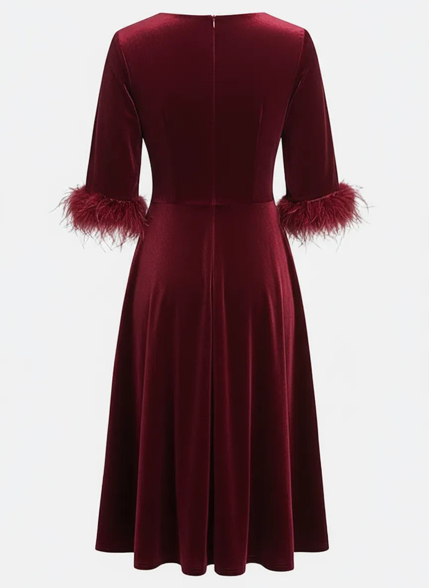 Wine Red Feather-trimmed Velvet Crew Neck Half Sleeve A-Line Midi Dress