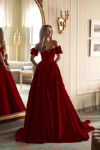 Satin V-Neck Off-The-Shoulder Short Sleeves Long A-Line Prom Dress With Embroidered And Pleated WQ0422