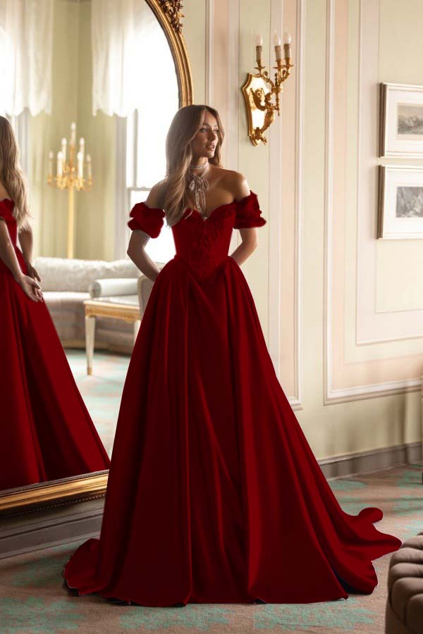 Satin V-Neck Off-The-Shoulder Short Sleeves Long A-Line Prom Dress With Embroidered And Pleated WQ0422