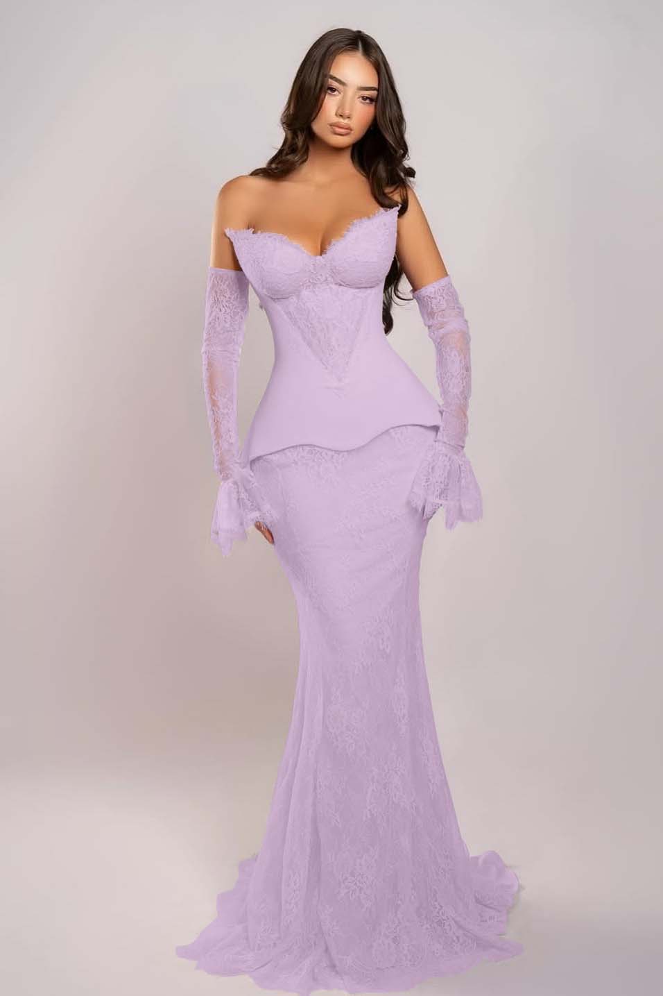 Cocoslly Strapless Sleeveless Long Mermaid Prom Dress With Embroidered And Gloves | Pink Satin And Lace ZA0398
