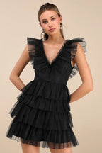 Cocoslly V-Neck Wide Straps Sleeveless Short A-Line Pleated Prom Dress With Ruffles | Black Tulle ZA0212