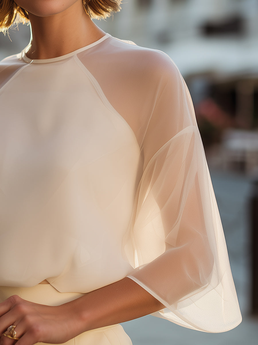 Sheer Panel Round Neck Loose Fit Blouse