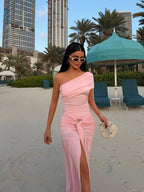 Cocoslly One Shoulder Sleeveless High Waist Long Mermaid Prom Dress With Deep Split | Pink Chiffon CO0056