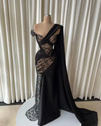 Cocoslly Strapless Sleeveless High Waist Long Prom Dress With Lace And Beading Pearls | Black Satin JZ0166