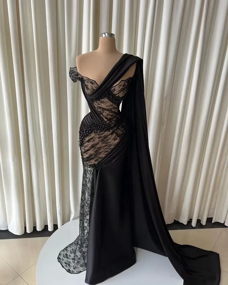 Cocoslly Strapless Sleeveless High Waist Long Prom Dress With Lace And Beading Pearls | Black Satin JZ0166