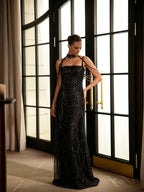 Cocoslly Spaghetti Straps Sleeveless High Waist Long Prom Dress With Rhinstone And Beading Pearls | Nude Sequins LX0091