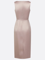 Pink Ruched Satin Boat Neck Sleeveless Sheath Midi Dress