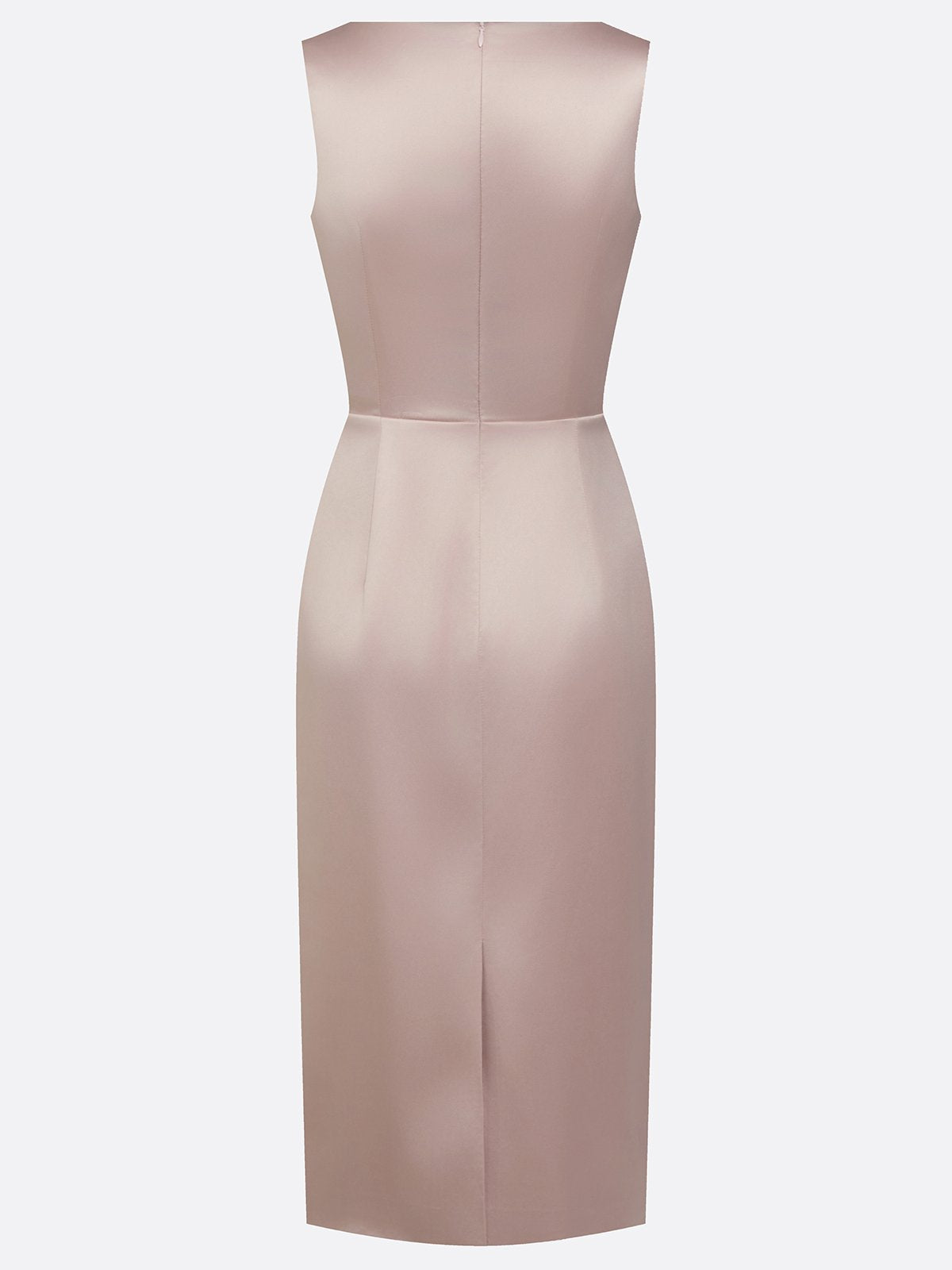 Pink Ruched Satin Boat Neck Sleeveless Sheath Midi Dress
