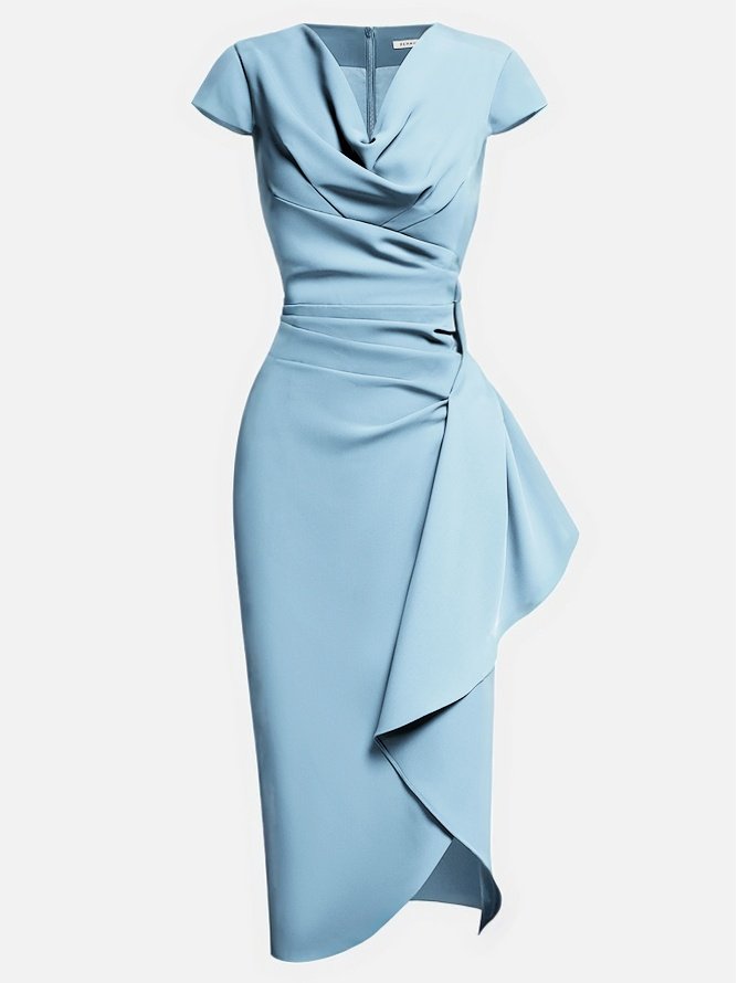 Light Blue Ruched Asymmetric Classic Cowl Neck Cap Sleeve Sheath Midi Dress