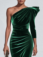 Green One Shoulder Three Quarter Sleeve Sheath Midi Velvet Dress