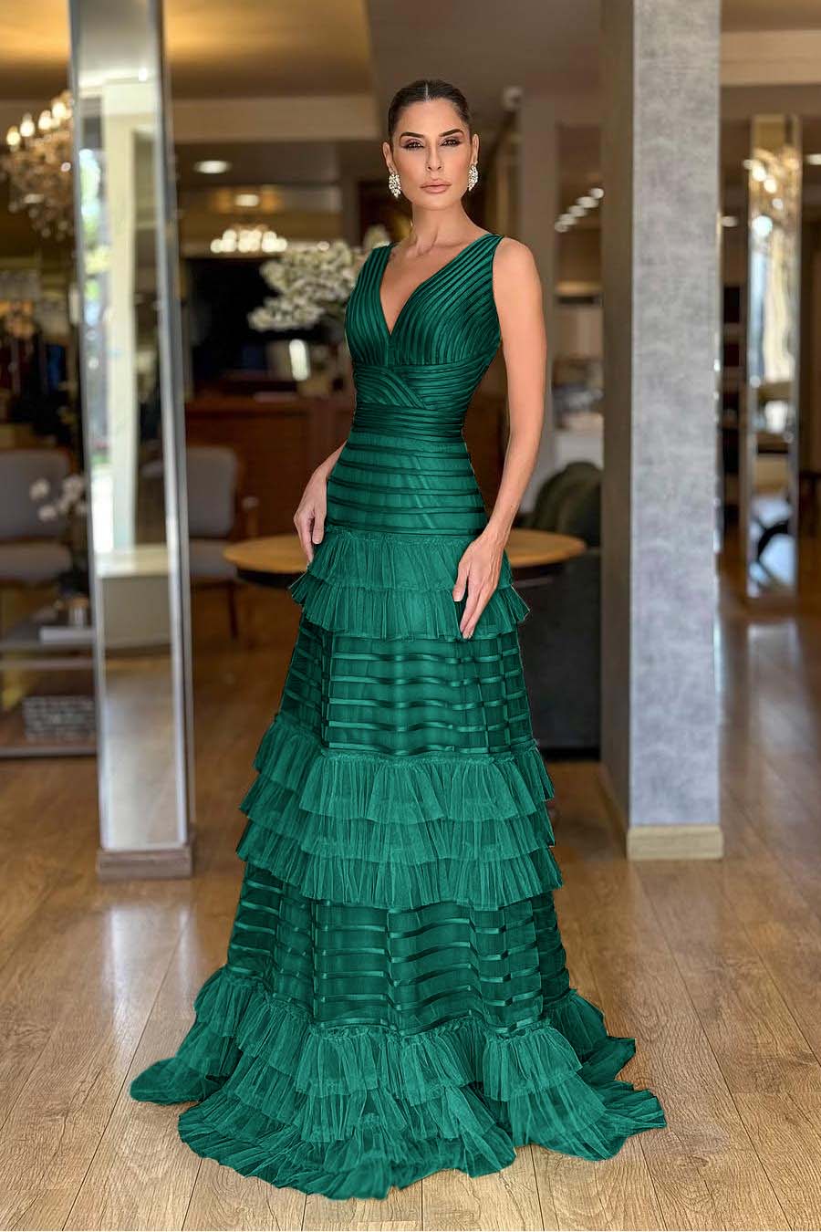 Tulle V-Neck Wide Shoulder Straps Sleeveless Long A-Line Prom Dress With Ruffles And Pleated WQ0149