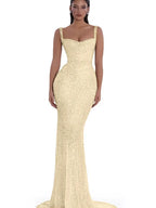 Cocoslly Spaghetti Straps Sleeveless High Waist Long Mermaid Prom Dress With Beading Pearls | Nude Champage Sequins JZ0120