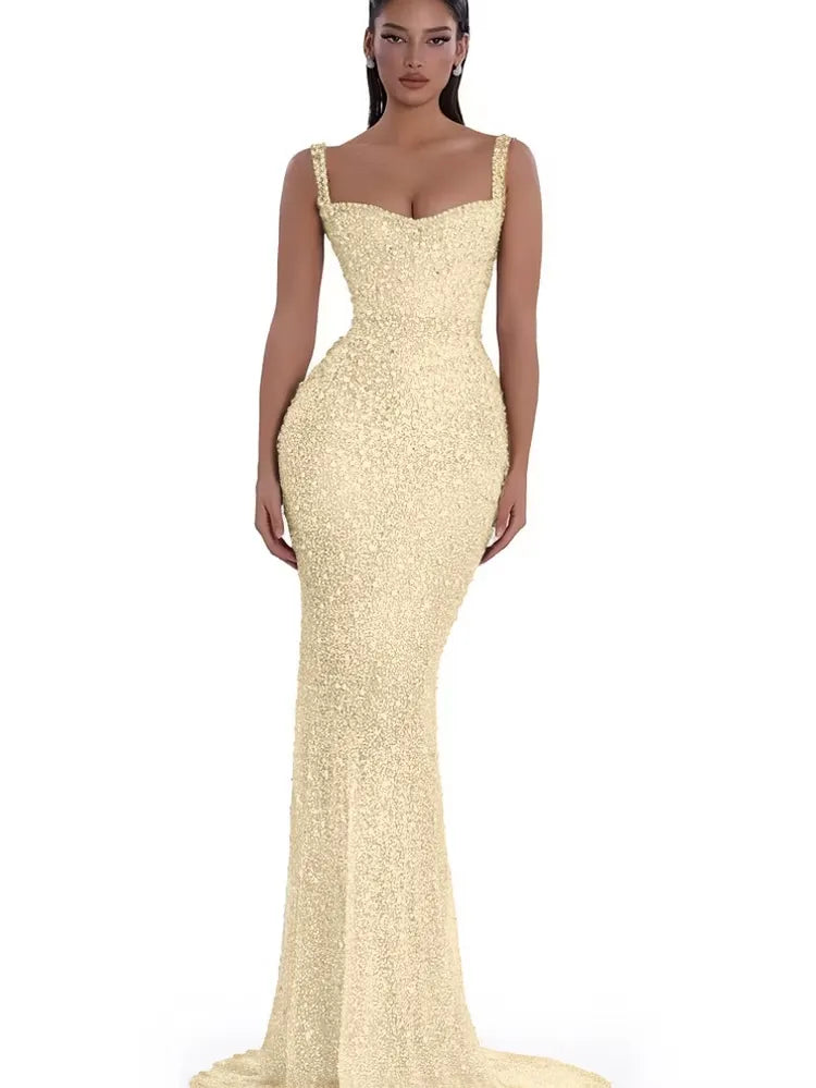 Cocoslly Spaghetti Straps Sleeveless High Waist Long Mermaid Prom Dress With Beading Pearls | Nude Champage Sequins JZ0120