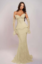 Cocoslly Strapless Sleeveless Long Mermaid Prom Dress With Embroidered And Gloves | Pink Satin And Lace ZA0398