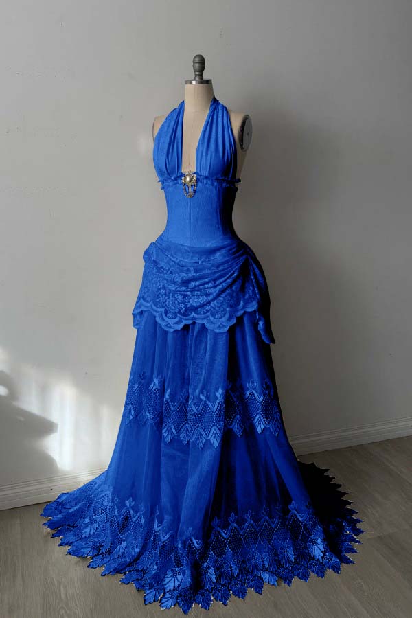 Lace And Tulle Halter Neck Strapless Sleeveless Long Mermaid Prom Dress With Pleated WQ0665
