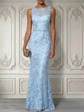 Light Blue Lace Jacquard Boat Neck Sleeveless Mermaid Floor-length Gown Dress